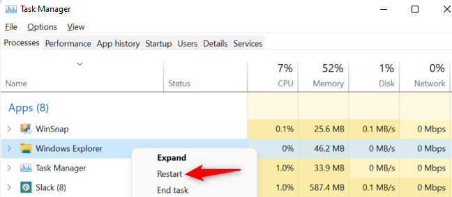 Klik kanan "Windows Explorer" dan pilih "Restart."