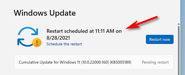 restart dijadwalkan akan dikonfirmasi dalam pesan di halaman Windows Update.