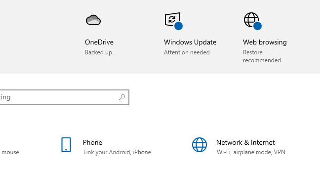 Windows 10 mengatakan Anda harus "Pulihkan direkomendasikan" pengaturan penelusuran web.