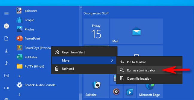 Di Windows 10, klik kanan aplikasi dan pilih "Jalankan sebagai administrator."
