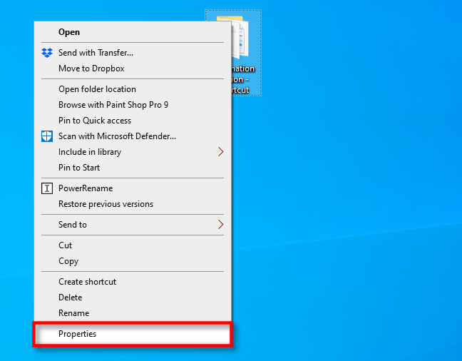 Klik kanan pintasan dan klik "Properti" di Windows 10.
