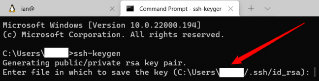 Windows 11 Command Prompt menampilkan opsi tempat menyimpan kunci SSH.