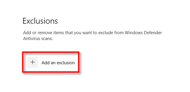 Klik Add pengecualian pada Windows Security Settings untuk Windows 10