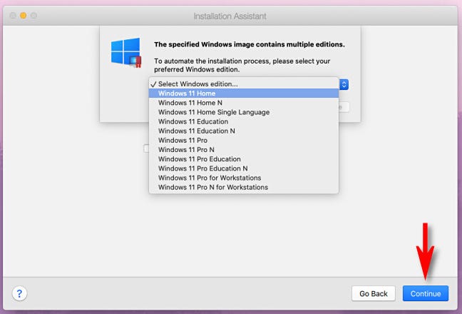 Pilih edisi Windows 11 dari menu tarik-turun dan klik "Lanjutkan."