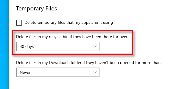 Atur interval untuk penghapusan file Recycle Bin di Pengaturan Windows 10