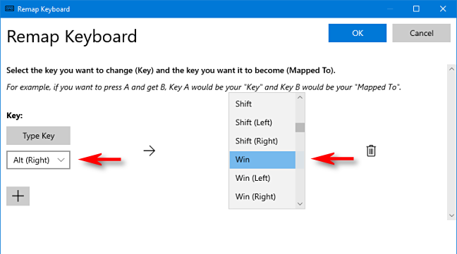 Di PowerToys, pilih kunci dan tetapkan ke tombol Windows di Manajer Keyboard di Windows 10