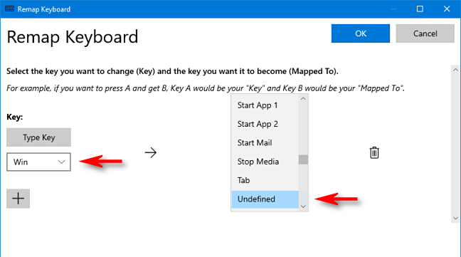 Di PowerToys, pilih tombol Win dan Unassigned di Keyboard Manager pada Windows 10