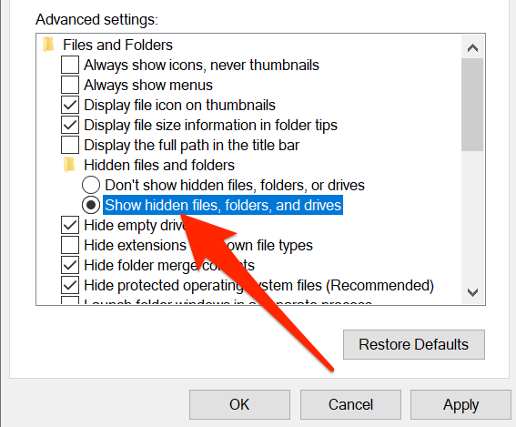 Pilih "Tampilkan file, folder, dan drive tersembunyi" di jendela Opsi Folder.
