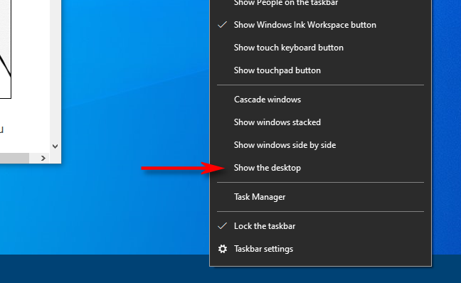 Klik kanan pada bilah tugas di Windows 10 dan pilih Tampilkan desktop
