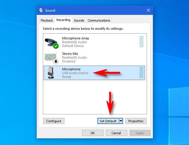 Di Windows 10, klik mikrofon dalam daftar dan klik tombol "Set Default".
