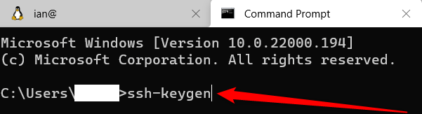 Jendela Terminal Windows menampilkan prompt perintah dengan perintah ssh-keygen