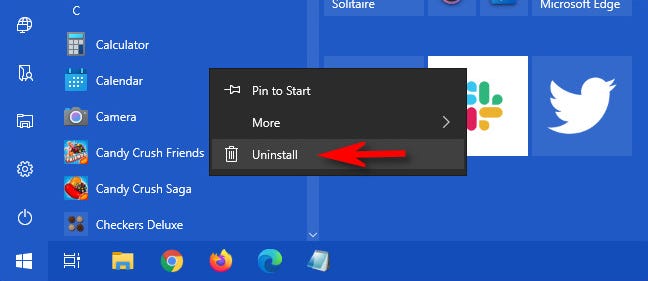 Di menu Mulai Windows 10, klik kanan aplikasi dan pilih "Copot pemasangan."
