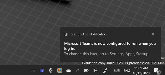Notifikasi aplikasi startup baru di Windows 10.