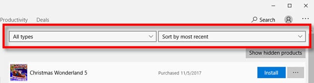 Di Microsoft Store, Anda dapat mengurutkan aplikasi menurut kategori, nama, atau tanggal.