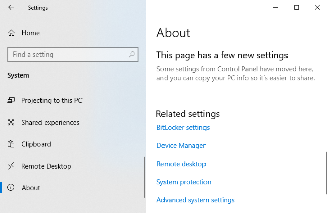 Halaman Tentang di aplikasi Pengaturan Windows 10 menampilkan tautan pengaturan terkait