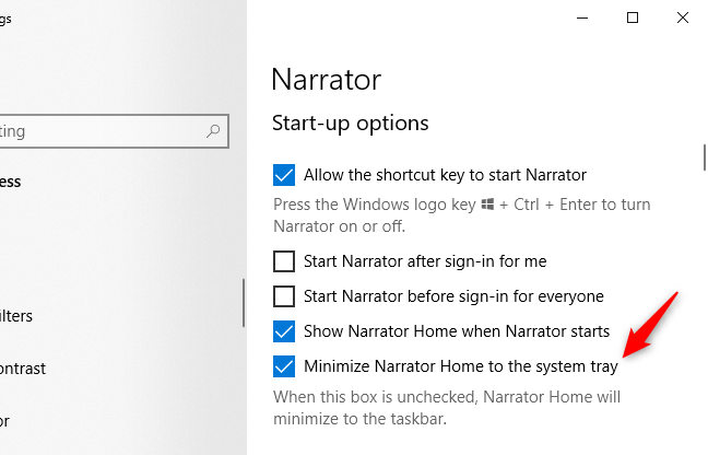 Opsi Narator Windows 10 mengacu pada "baki sistem."