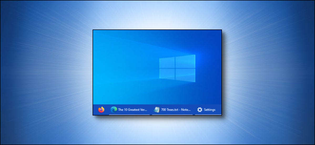 Thumbnail label bilah tugas di Windows 10 dengan latar belakang biru