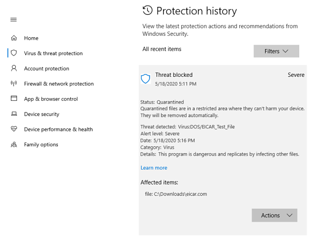 Tampilan mendetail tentang ancaman dalam riwayat Perlindungan di Windows 10