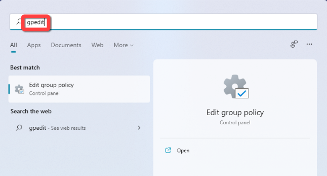 Klik Mulai, ketik "gpedit" di kotak pencarian, dan tekan Enter untuk membuka Editor Kebijakan Grup.