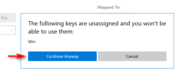 Klik "Lanjutkan Pokoknya" di PowerToys Keyboard Manager di Windows 10