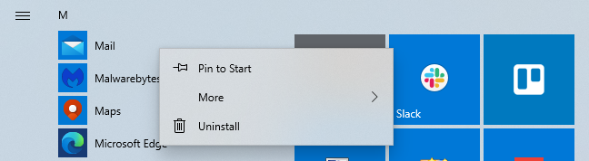 Menghapus instalasi aplikasi Mail Windows 10 dari menu Start.