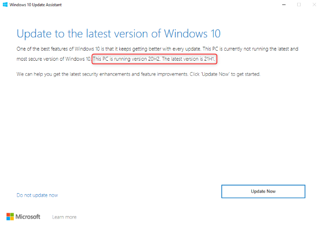 Asisten Pembaruan Windows 10 menunjukkan peningkatan ke 21H1.