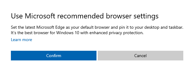Dialog "Gunakan pengaturan browser yang direkomendasikan Microsoft" di Windows 10.
