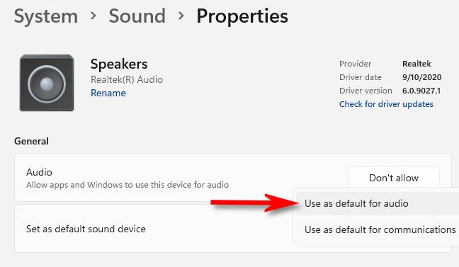 Pilih "Gunakan sebagai default untuk audio" atau "Gunakan sebagai default untuk komunikasi".