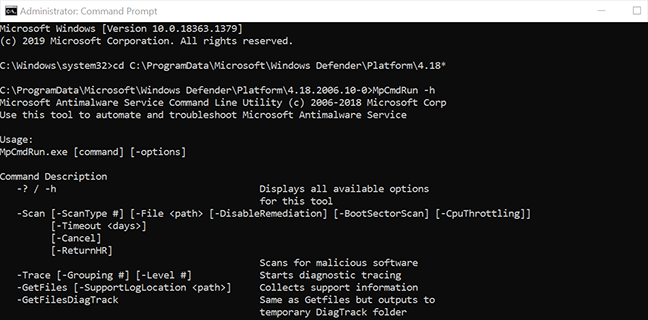 Lihat semua perintah Microsoft Defender Antivirus