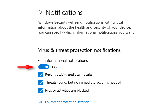 Pemberitahuan perlindungan virus dan ancaman di Windows 10
