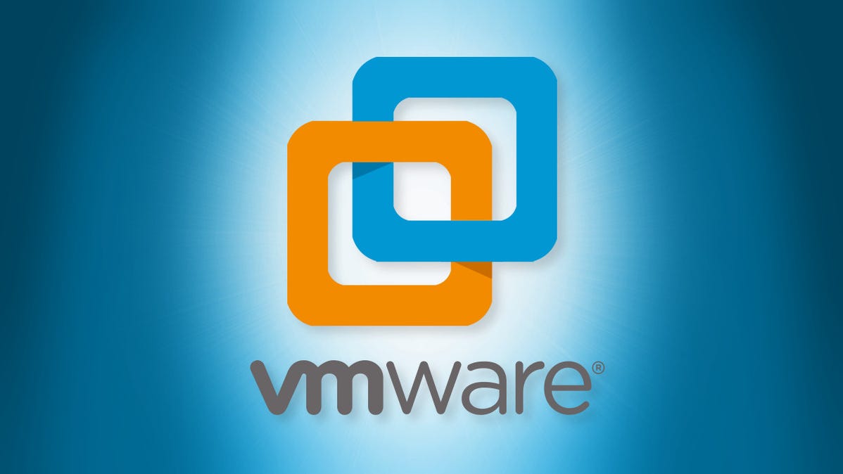 Logo VMware Workstation dengan latar belakang biru