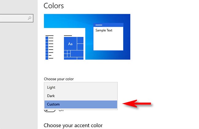 Di Pengaturan Windows, di bawah "Pilih warna Anda", pilih "Kustom."