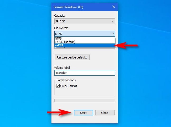 Di jendela Format Windows 10, pilih "exFAT" dari daftar sistem file dan klik "Mulai."