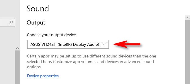 Di pengaturan Suara Windows 10, pilih perangkat keluaran dari menu tarik-turun.