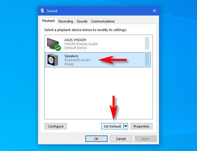 Di Windows 10, klik speaker dalam daftar dan klik tombol "Set Default".
