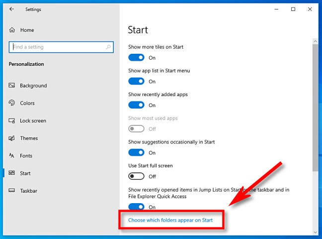Di Pengaturan Windows, klik "Pilih folder mana yang muncul di Mulai."