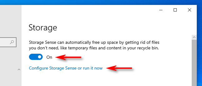 Klik sakelar untuk mengaktifkan Storage Sense di Pengaturan Windows 10