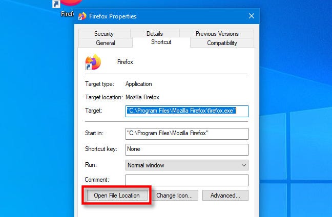 Untuk menemukan file EXE aplikasi, klik kanan pintasan dan klik "Buka Lokasi File" di jendela Properties pada Windows 10.