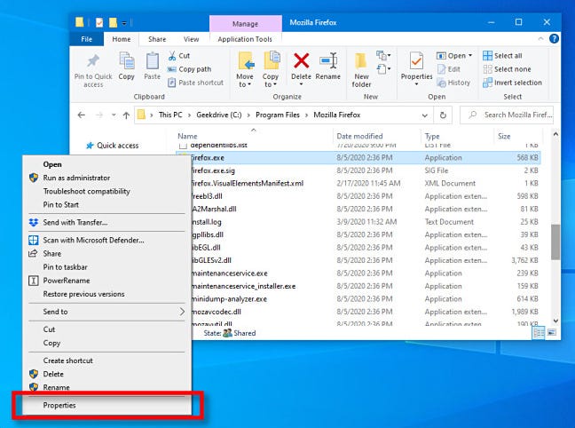 Klik kanan file EXE dan pilih "Properties" di File Explorer pada Windows 10.