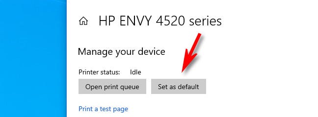 Di pengaturan printer Windows 10, klik "Tetapkan sebagai default."