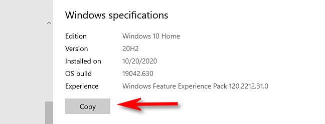 Di Pengaturan Windows, klik tombol "Salin" untuk menyalin spesifikasi Windows Anda ke clipboard.