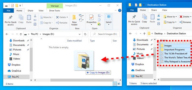 Klik dan seret file dari satu jendela ke jendela USB flash drive di Windows 10 File Explorer.