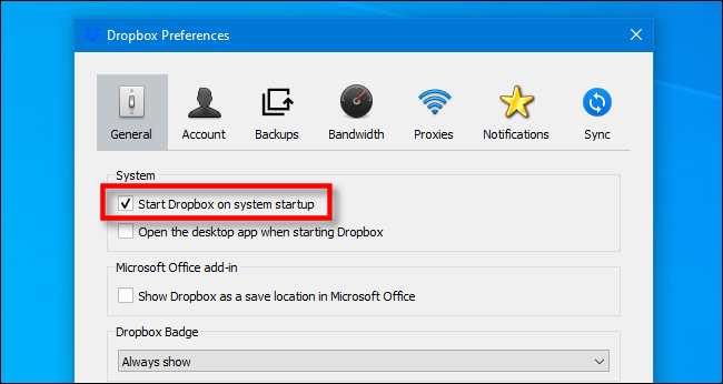 Hapus centang "Mulai Dropbox saat startup sistem" di Windows 10.