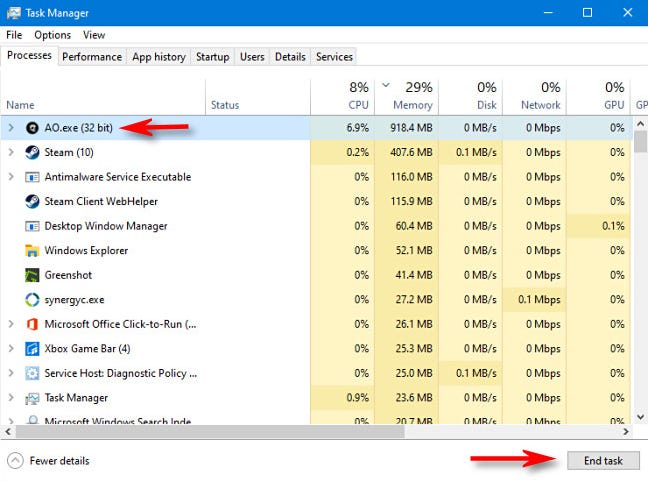 Untuk membunuh proses di Task Manager untuk Windows 10, pilih proses dari daftar dan klik "tugas akhir."