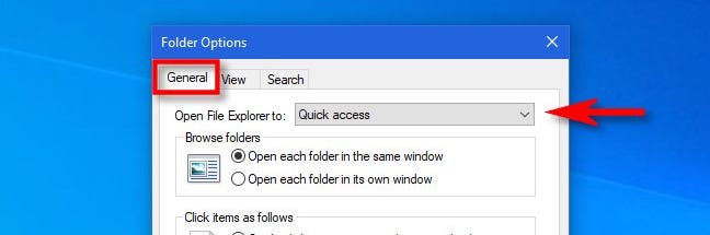 Klik "Umum," lalu klik menu "Buka File Explorer ke".