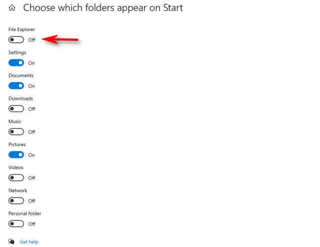 Di menu "Pilih folder mana yang muncul di Mulai", klik sakelar di samping folder untuk mengaktifkannya