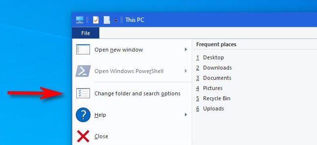 Di Windows 10 File Explorer, pilih File  Ubah folder dan opsi pencarian.