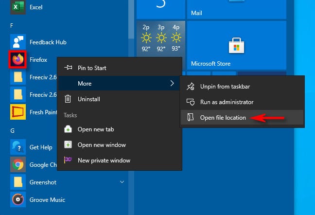 Menemukan lokasi pintasan aplikasi menggunakan Start Menu di Windows 10