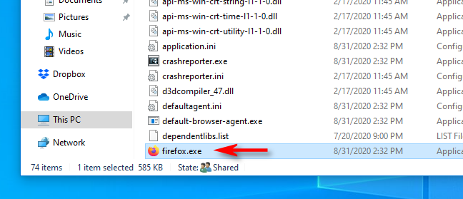 Menemukan file EXE aplikasi di File Explorer pada Windows 10.