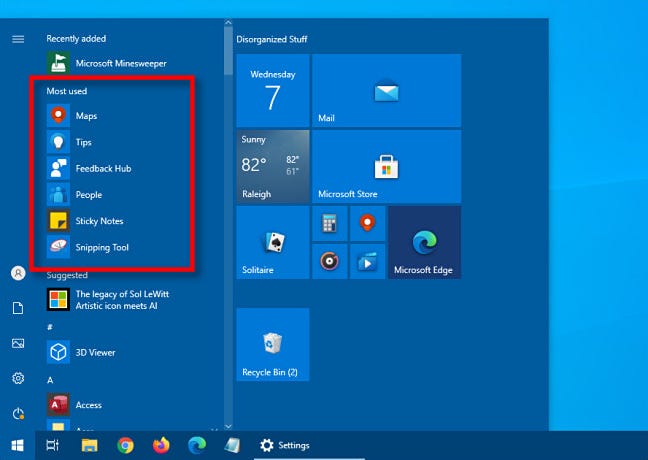 Daftar aplikasi "Paling sering digunakan" di menu Mulai Windows 10